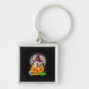 Cute English Bulldog Witch Pumpkin Halloween Dog Keychain