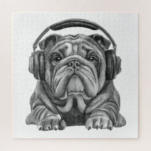 Cute english bulldog with headphones jigsaw puzzle