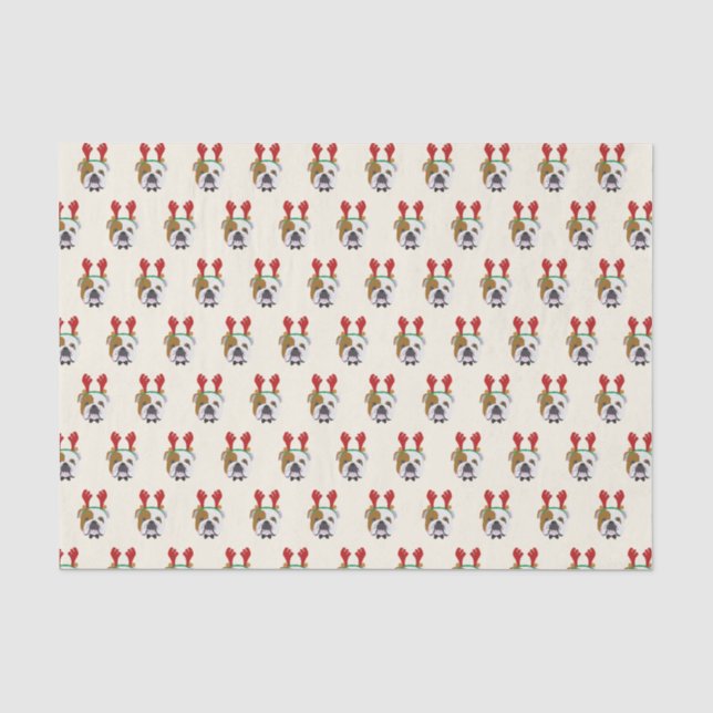 Cute English Bulldog with Reindeer Hat - Christmas Tissue Paper (Front)