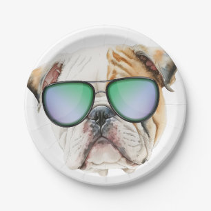 Cute english bulldog with sunglasses, Funny puppy Paper Plate
