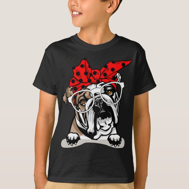Cute English Bulldog Xmas Red Plaid Headband And G T-Shirt (Front)