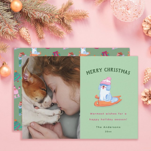 Cute English Sheepdog Sledge Pistachio Green Xmas Holiday Card (Creator Uploaded)