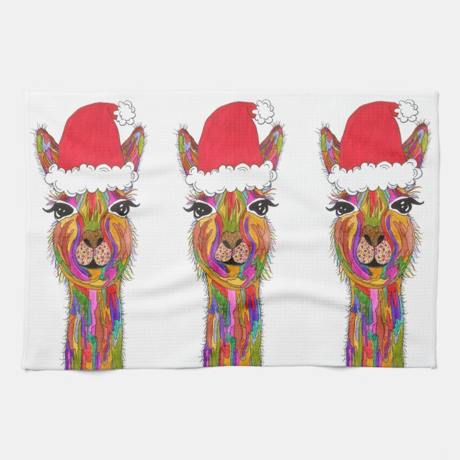 Cute et colorée Llama Noël serviette de cuisine (Horizontal)