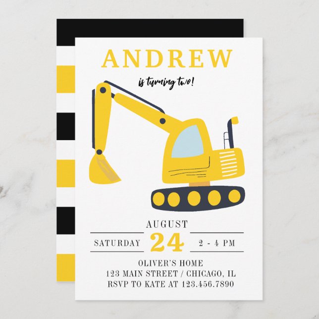 Cute Excavator Construction Kids Birthday Party Invitation (Front/Back)