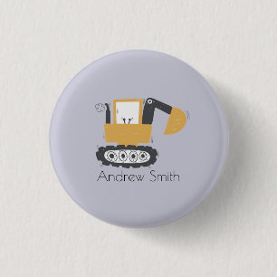 Cute Excavator Illustration Custom Name 1 Inch Round Button