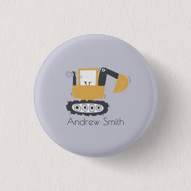 Cute Excavator Illustration Custom Name 1 Inch Round Button (Front)