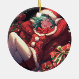 Cute Excited Christmas Santa Gifts Anime Girl Ceramic Ornament