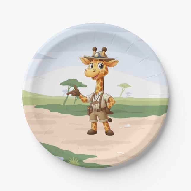 Cute Explorer Giraffe on safari Paper Plate (Front)