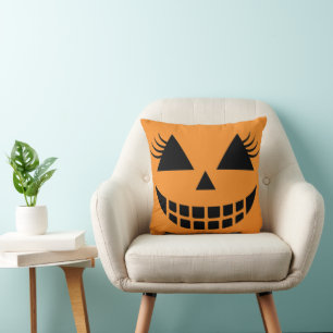 Cute Eyelash Pumpkin Face Halloween Throw Pillow