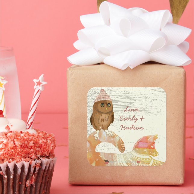 Cute Eyes Owl Fox Hats and Sweaters Barn Wood Square Sticker (Party)