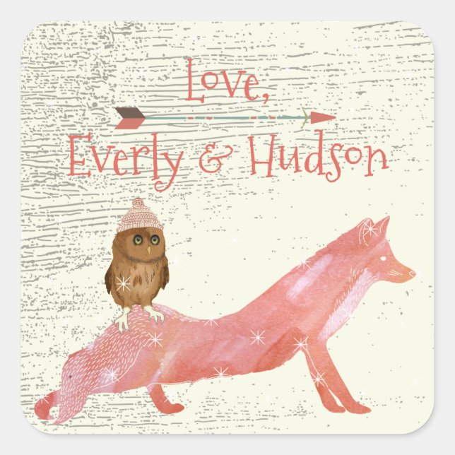 Cute Eyes Owl Fox Hats and Sweaters Barn Wood Square Sticker (Front)