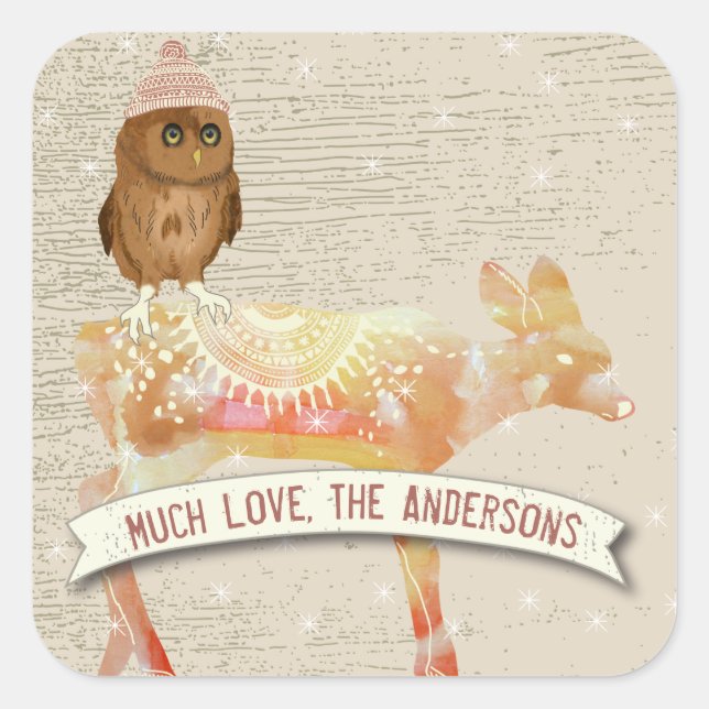 Cute Eyes Owl Watercolor Deer Barn Wood Square Sticker (Front)