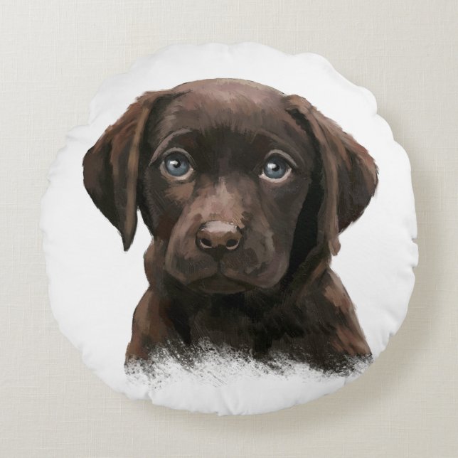 Cute face of Chocolate Labrador Dog Round Pillow (Front)
