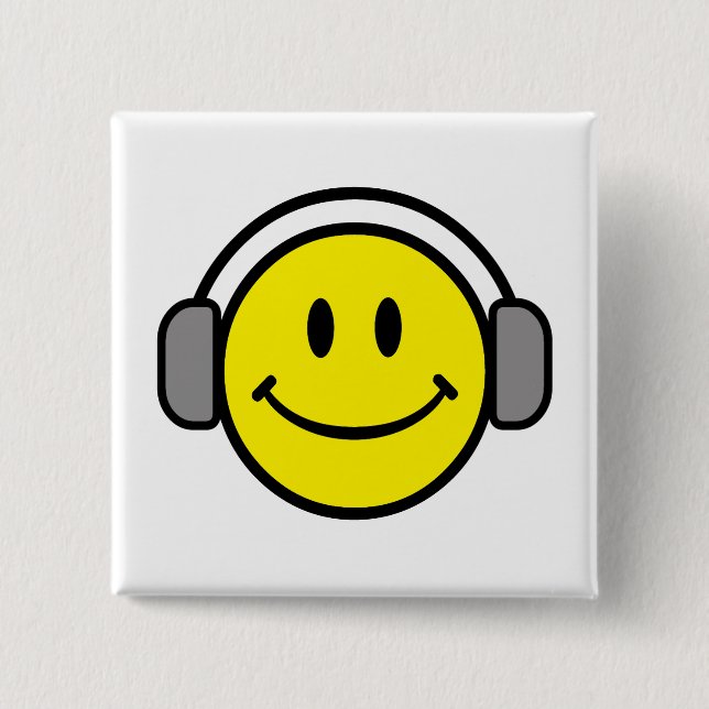 cute face with headphones 2 inch square button (Front)