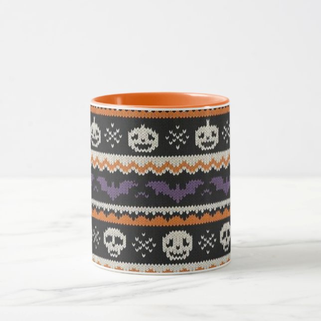 Cute, fair isle/colorwork Halloween skull & bats  Mug (Center)
