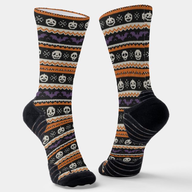 Cute, fair isle/colorwork Halloween skull & bats  Socks (Angled)