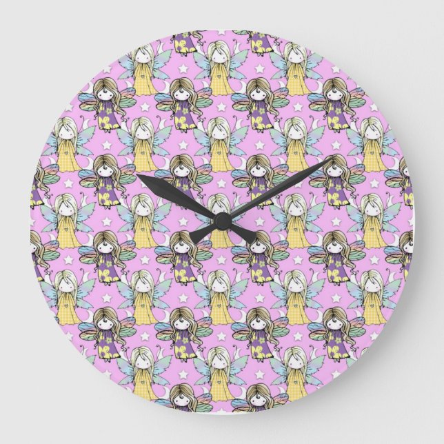 Cute Fairies and Stars and Moons Pattern Large Clock (Front)