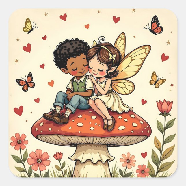 Cute Fairies on Retro Mushrooms Vintage Square Sticker (Front)