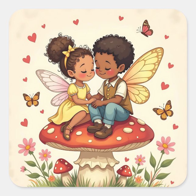 Cute Fairies on Retro Mushrooms Vintage Square Sticker (Front)