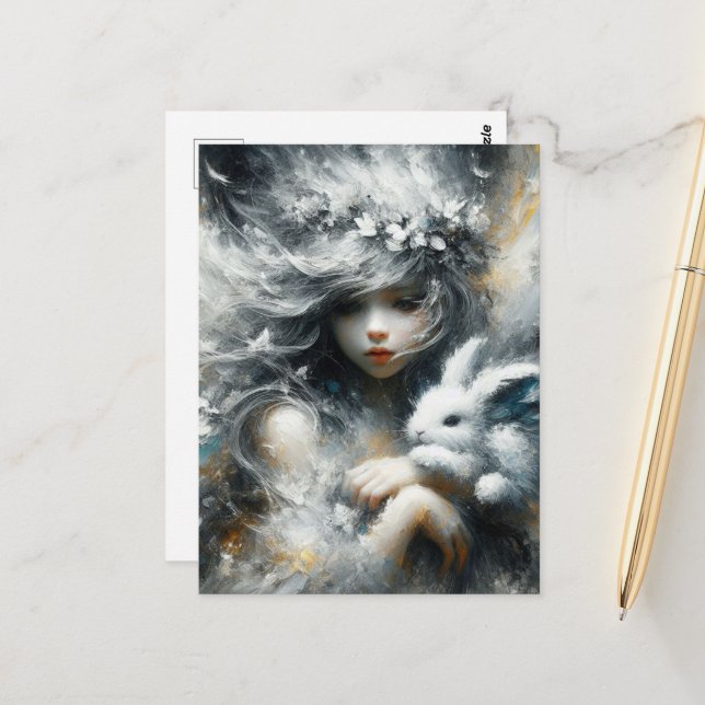 Cute Fairy and Her Adorable Rabbit Postcard (Front/Back In Situ)