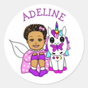 Cute Fairy and her Unicorn Personalized Name    Classic Round Sticker