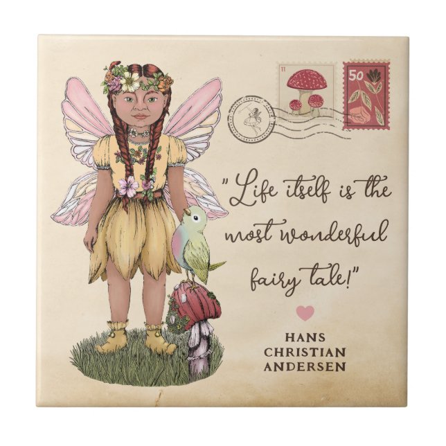 Cute Fairy and Mushroom Inspirational Quote Tile (Front)