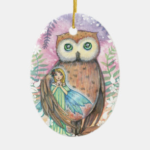 Cute Fairy and Owl Fantasy Art by Molly Harrison Ceramic Ornament