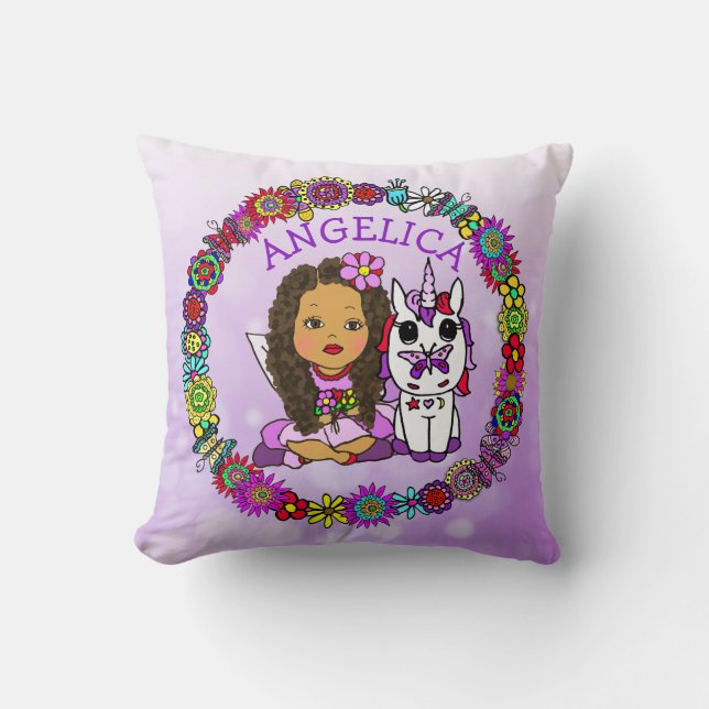 Cute Fairy and Unicorn Throw Pillow (Front)