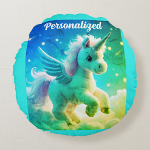 Cute Fairy Baby Unicorn green Sparkling Fantasy Round Pillow