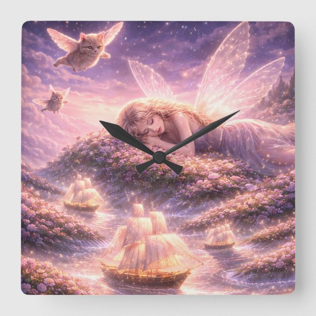 Cute Fairy Cat Dream Fantasy Aesthetic Art Square Wall Clock (Front)