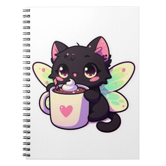 Cute fairy cat drinking hot chocolate notebook (Front)