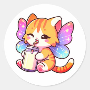 Cute fairy cat drinking milk classic round sticker