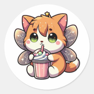 Cute fairy cat drinking milkshake  classic round sticker
