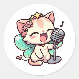 Cute fairy cat singing  classic round sticker