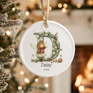 Cute Fairy Christmas Initial Personalized Holiday  Ceramic Ornament