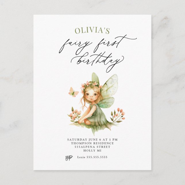 Cute Fairy First Birthday Invitation (Devant)