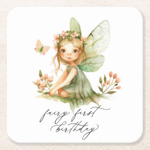 Cute Fairy First Birthday Square Paper Coaster