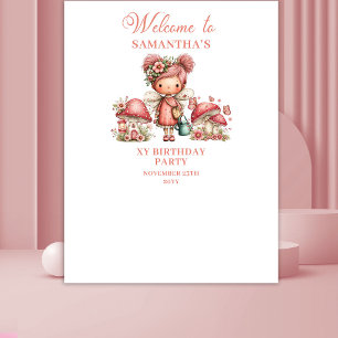 Cute Fairy Garden Pink Floral Girl Birthday Banner Tapestry