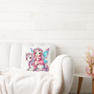 Cute Fairy Girl and Unicorn Throw Pillow
