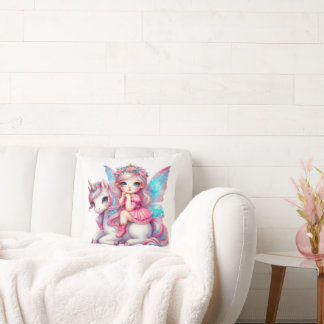 Cute Fairy Girl and Unicorn Throw Pillow