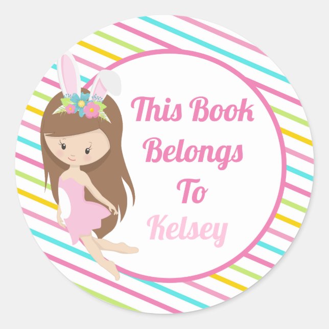 Cute Fairy Girl Custom Pink This Book Belongs To Classic Round Sticker (Front)