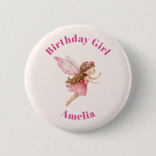 Cute Fairy Girl in a Pink Dress Birthday Girl 2 Inch Round Button