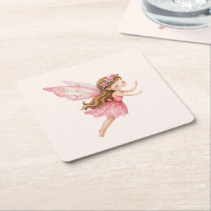 Cute Fairy Girl in Pink Dress Square Paper Coaster