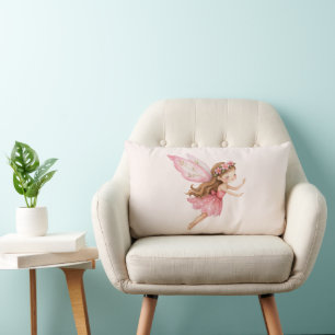 Cute Fairy Girl in Pink Dress Whimsical Lumbar Pillow