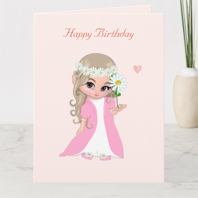 Cute Fairy Girl on Light Pink Birthday Card (Front)