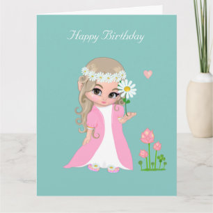 Cute Fairy Girl with Flower on Light Blue Birthday Card