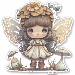 Cute Fairy Girl with Mushroom and Butterflies