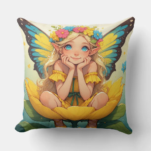 Cute Fairy Girl With Wings On Yellow Flower Scene Throw Pillow