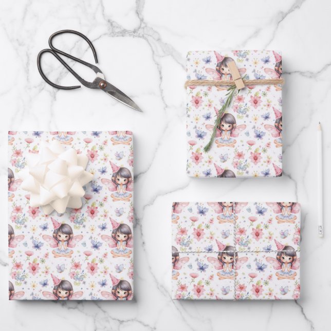Cute Fairy in Birthday Hat, Flowers, Butterflies Wrapping Paper Sheet (Front)