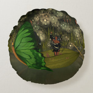 Cute Fairy in Boat with Fireflies Round Pillow